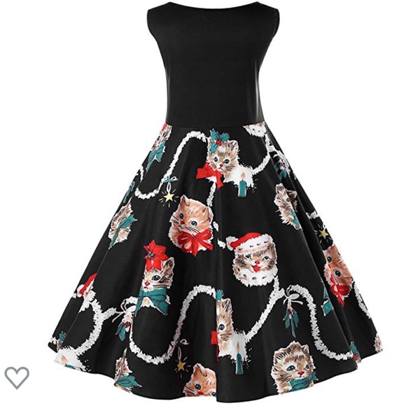 Plus Size Black Kitten Holiday Flattering Dress - Picture 2 of 5